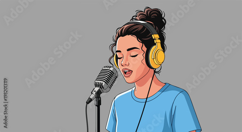 A young woman with a messy bun wearing yellow headphones sings into a microphone