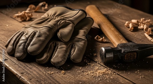 A pair of worn leather gloves lies next to a hammer on a wooden workbench covered in wood shavings on Labor Day.