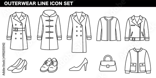 アウター・ファッション・衣類カテゴリを表現した線画イラストセット ジャケット・コート・冬服・アパレルコンセプト