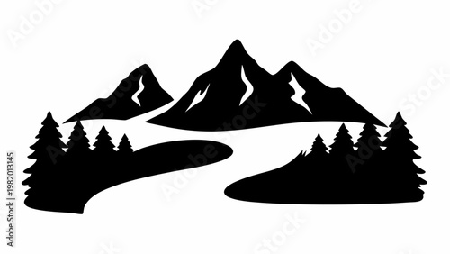 Serene mountain landscape silhouette with winding river and pine trees at dusk