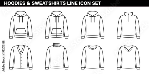 パーカー・スウェット・トップスカテゴリを表現した線画イラストセット フーディー・トレーナー・カジュアルウェアコンセプト