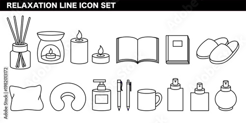 リラックス・休息・癒しを表現した線画イラストセット 睡眠・休憩・ストレス解消・ライフスタイルコンセプト