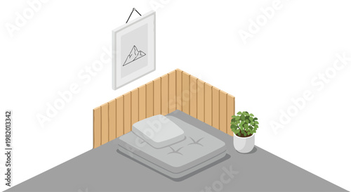 An isometric bedroom corner with a gray mattress, wooden paneling, and a plant