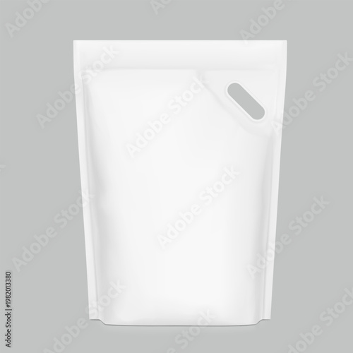 Realistic snap seal plastic shopping bag with handles mockup for cat litter. Front view. Vector illustration isolated on grey background. Ready for use in presentation, promo. EPS10.