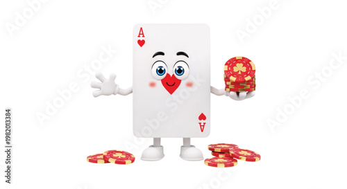 Ace of Hearts: The ace of hearts card character joyfully presents poker chips, embodying luck and fortune.