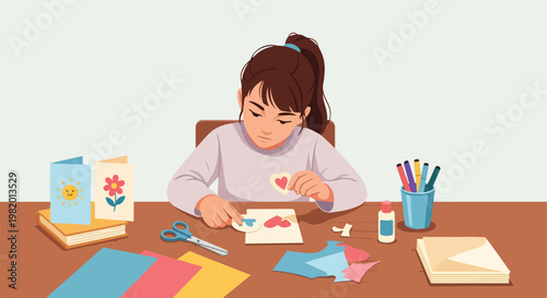 A girl sitting at a desk making handmade greeting cards with paper and glue