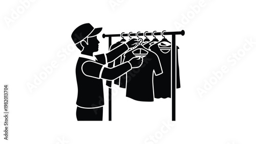 Man hanging clothes on a rack.