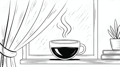 A black and white line art illustration of a steaming coffee cup on a windowsill 