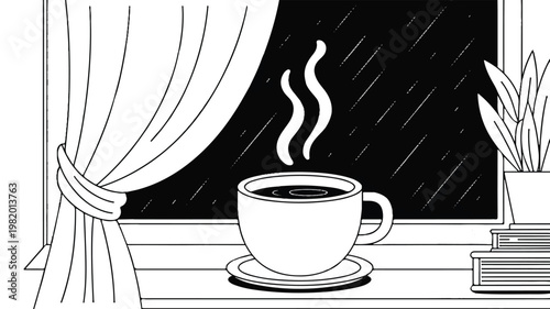 A black and white line art illustration of a steaming coffee cup on a windowsill 