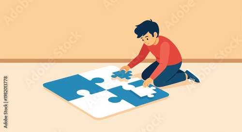 A young boy kneeling on the floor connecting large blue and white puzzle pieces