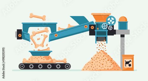 Illustration showing industrial machinery grinding bones into pet food on a belt