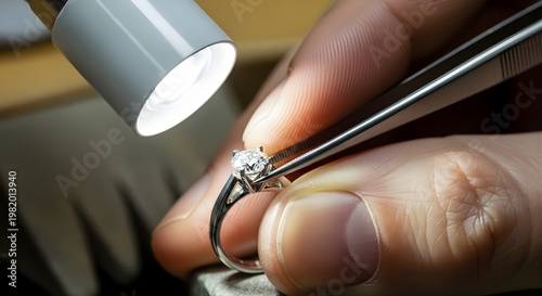 Jeweler examines diamond ring under bright lamp with tweezers on Labor Day morning in workshop