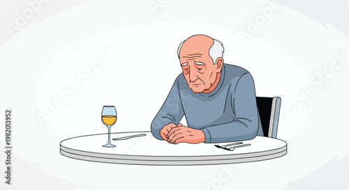 An elderly man sits alone at a round dining table looking sad and contemplative