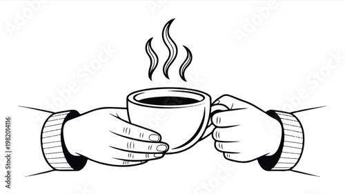 A black and white line art illustration of hands holding a steaming coffee cup. 