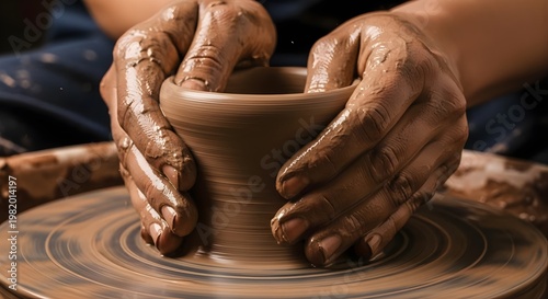 A person skillfully shapes a clay pot on a spinning pottery wheel during Labor Day celebrations in a workshop.