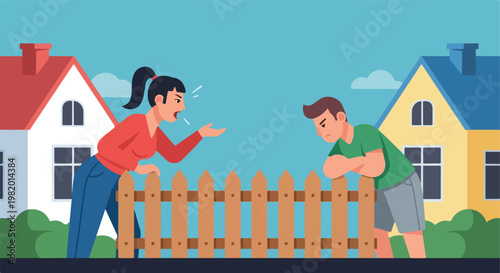 A woman yells at a man over a wooden fence between two suburban residential homes