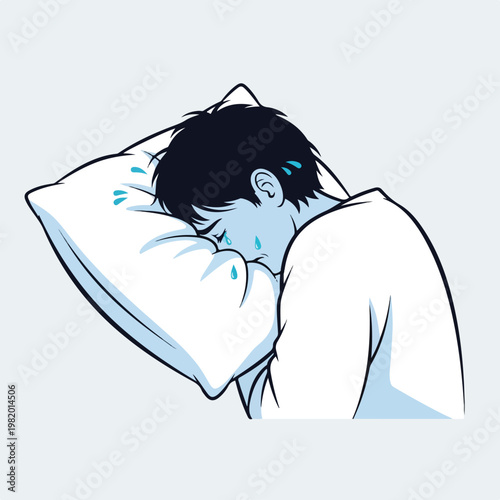 An illustration of a distressed young man crying and sweating into his pillow