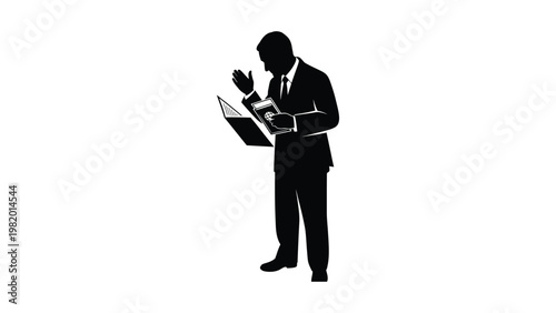 Silhouette of businessman with laptop and phone.