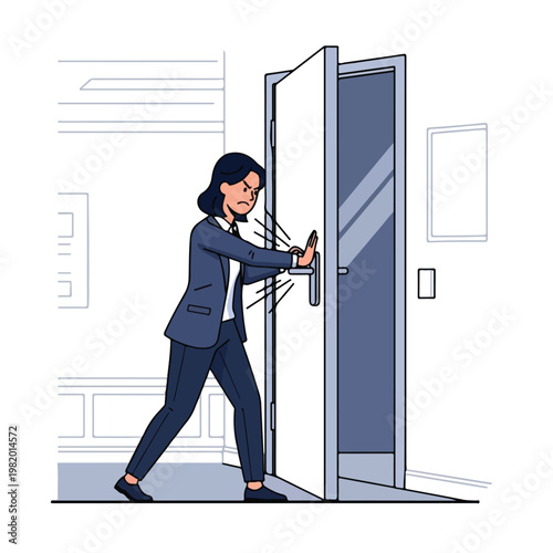 An angry business woman in a suit forcefully slams a door shut in an office