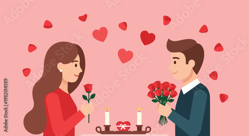 A romantic man and woman on a date with roses, candles, and hearts on pink back