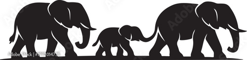 A family of elephants walking together in silhouette Vector