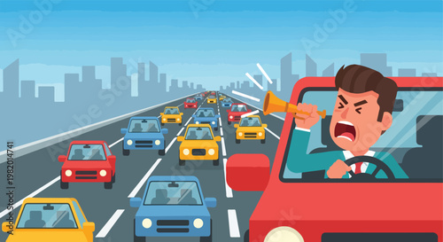 An angry driver shouts through a megaphone in a heavy city traffic jam scene