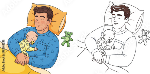 Father Sleeping with Newborn Baby on Chest Illustration with Coloring Page Version, Peaceful Dad and Infant Napping Together with Teddy Bear, Family Bonding and Parenting Concept