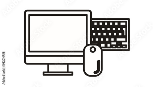 Photography Desktop computer workstation vector icon featuring a monitor, keyboard, and mouse in a clean minimalist line art style, perfect for technology, office, and digital workspace graphic design
