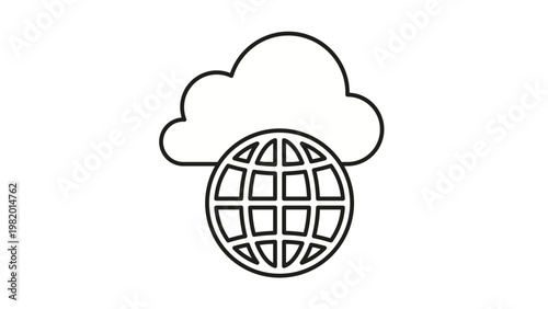 Cloud computing and global network vector icon illustration featuring a minimalist black outline of a cloud with a globe symbol representing worldwide internet connectivity and data storage.