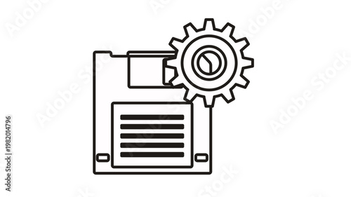 Floppy disk and gear vector icon, representing data processing, software configuration, system settings, disk management, and digital storage optimization in a minimalist line art style.