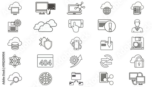 25 Black Vector Icon Set Collection Bundle: Cloud Computing, Data Storage, Cybersecurity, Business Management, Networking, Web Development, Technology Symbols, and Digital Interface Elements for UI.