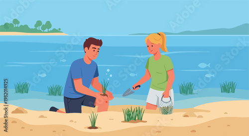 A man and woman kneeling on a beach planting seagrass by the water in summer