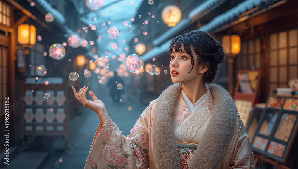 Fototapeta premium 冬の和風の街並みで桜色の泡を吐く着物姿の日本人女性