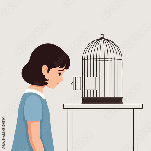 A sad young girl looks at an empty birdcage standing on a small wooden table