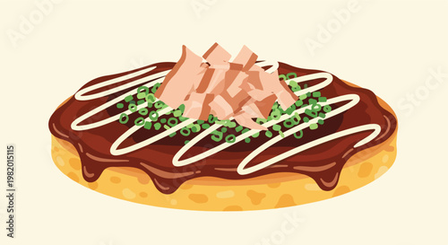 A savory pancake topped with brown sauce, mayonnaise, dried bonito, and onions