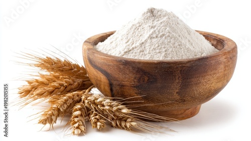 Elegent photo of  bowl of wheat flour isolated on white.