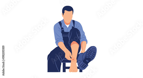 A man in work overalls applying a medicated patch to his painful, swollen ankle