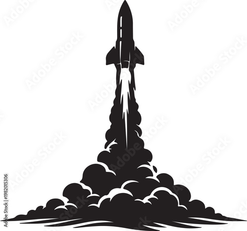 A rocket ship taking off into the sky with smoke Vector