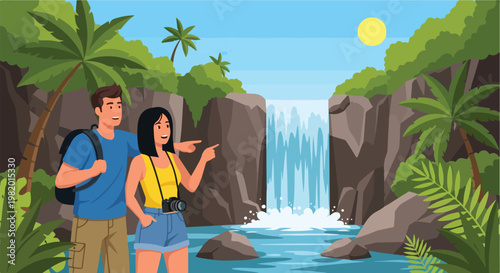 A man and woman enjoy a tropical hiking trip to a scenic jungle waterfall scene