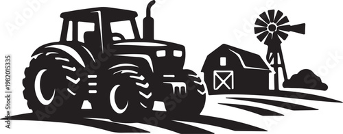 A tractor in front of a barn and windmill Vector