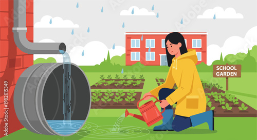 Woman in yellow raincoat waters a school garden as rain fills a water barrel