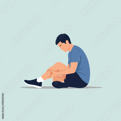 A man sitting on the floor holding his injured leg in a flat vector illustration