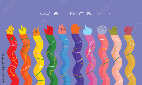 Colorful of various hand gestures with playful patterns and vibrant sleeves, expressing emotions symbols  peace, smile, rock, good, and perfection in a cheerful, vector cartoon style.