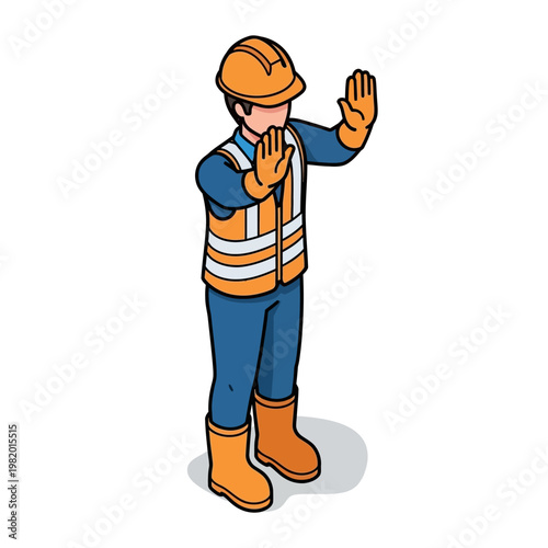 Construction worker in safety vest and hard hat signaling stop.