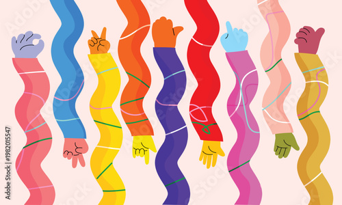 Colorful of various hand gestures with playful patterns and vibrant sleeves, expressing emotions symbols  peace, smile, rock, good, and perfection in a cheerful, vector cartoon style.