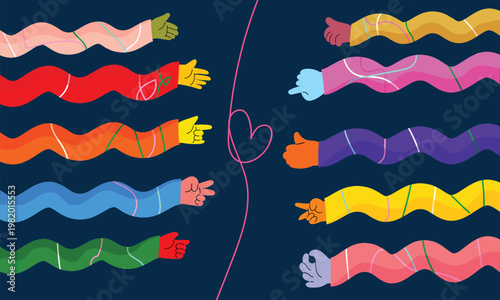 Colorful of various hand gestures with playful patterns and vibrant sleeves, expressing emotions symbols  peace, smile, rock, good, and perfection in a cheerful, vector cartoon style.