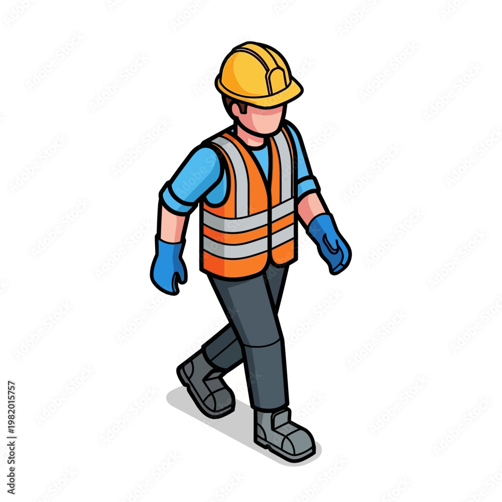Fototapeta premium Construction worker wearing safety vest and hard hat walking.