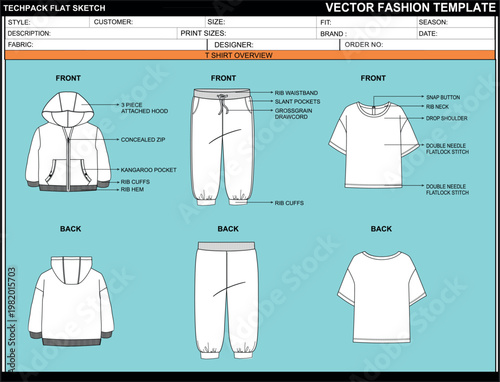 KIDS HOODIE WITH JOGGER 3 PIECE SET DRESS EASY EDITABLE TECHNICAL FLAT SKETCH ILLUSTRATION DESIGN
