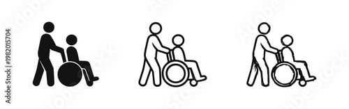 Caregiver Pushing Patient in Wheelchair Icon Set