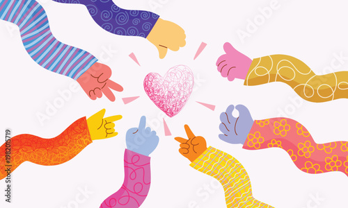 Colorful of various hand gestures with playful patterns and vibrant sleeves, expressing emotions symbols  peace, smile, rock, good, and perfection in a cheerful, vector cartoon style.